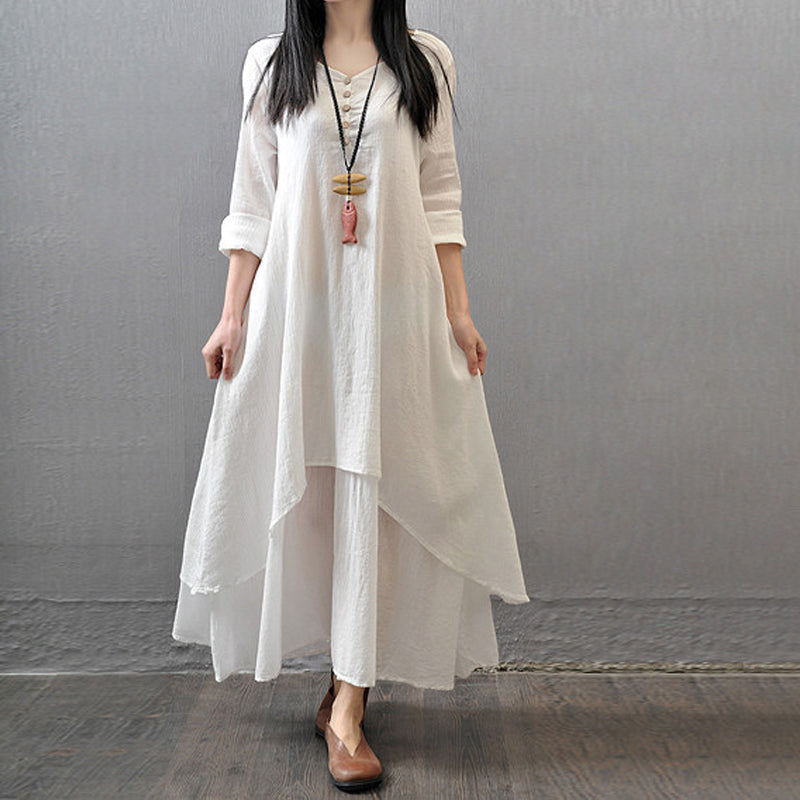 Casual Long Sleeve Fake Two Piece Linen Dress