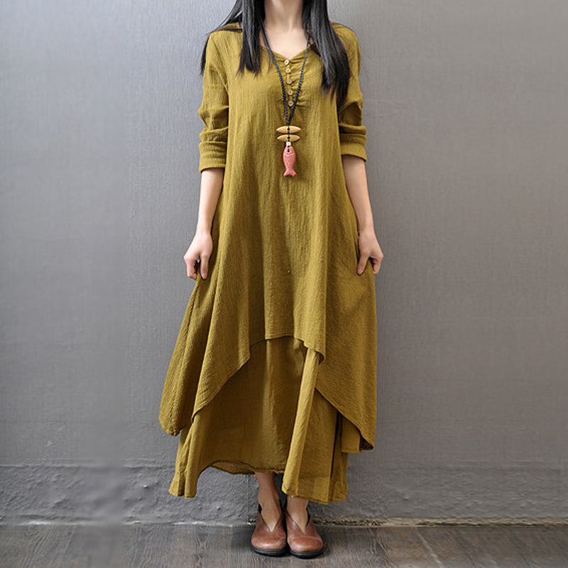 Casual Long Sleeve Fake Two Piece Linen Dress