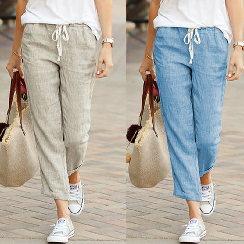 Casual trousers in cotton and linen with lacing