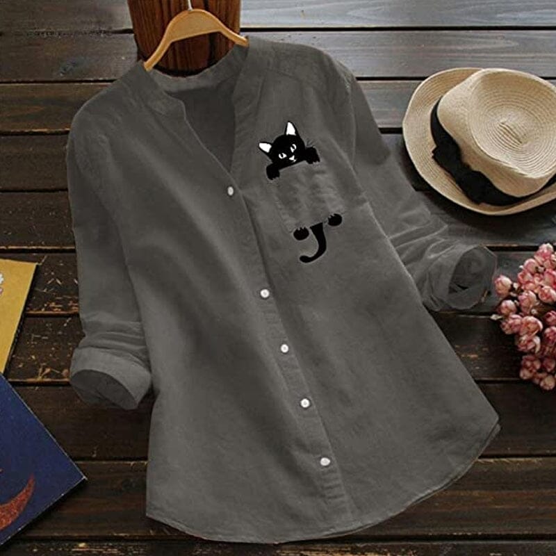 V-neck Cotton And Cat Print Long Sleeve Blouse