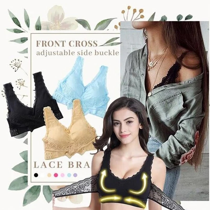 Front Cross Side Buckle Lace Bra