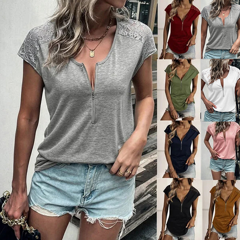 Round Neck Half Zip Panel Lace Short Sleeve T-shirt