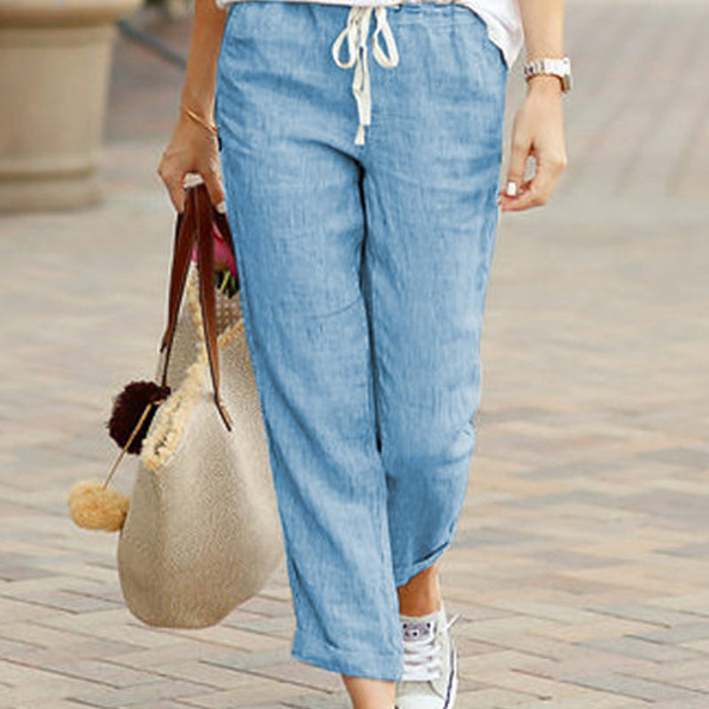 Casual trousers in cotton and linen with lacing