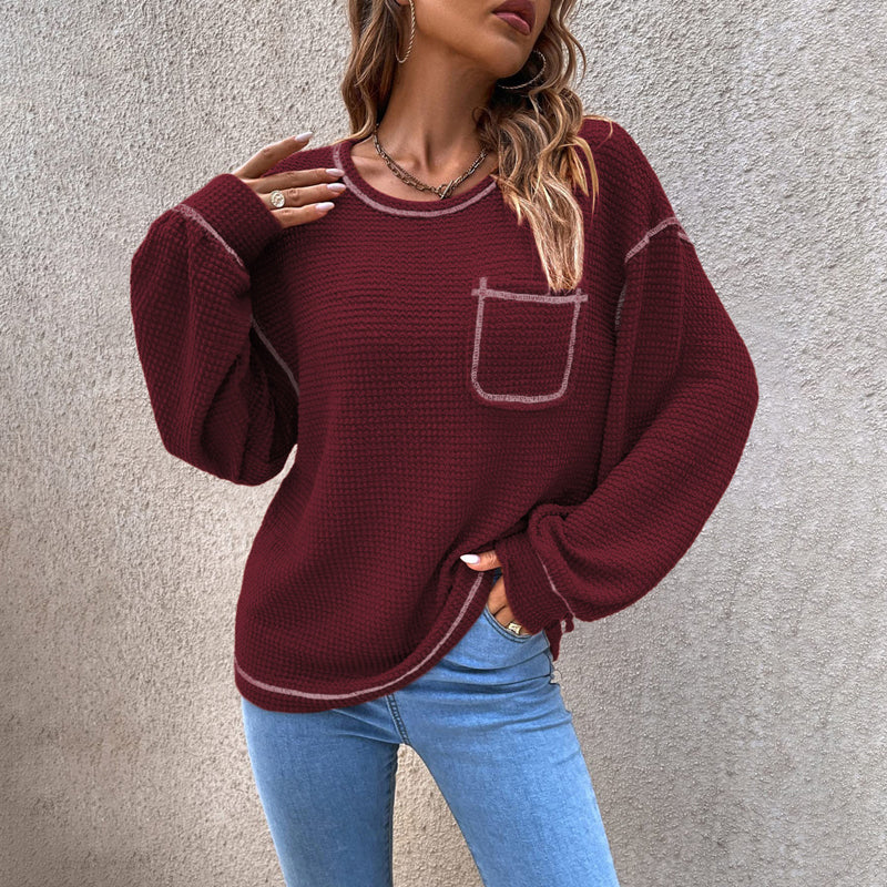 Top-stitching Drop Shoulder Pocket Patched Sweater