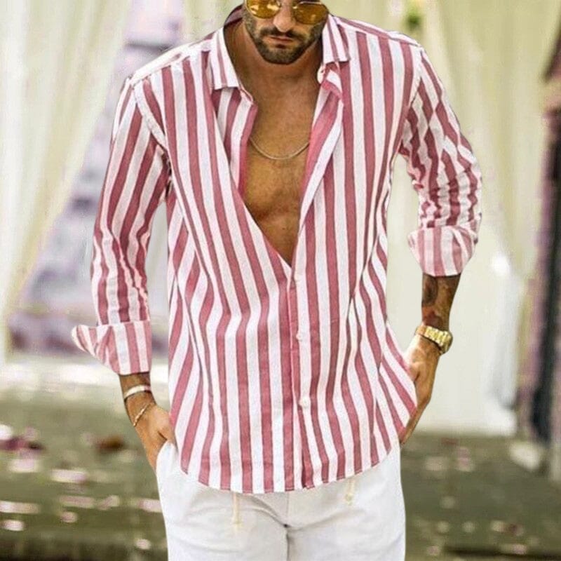 Spring Summer Men's Cotton Linen Striped Button Shirt