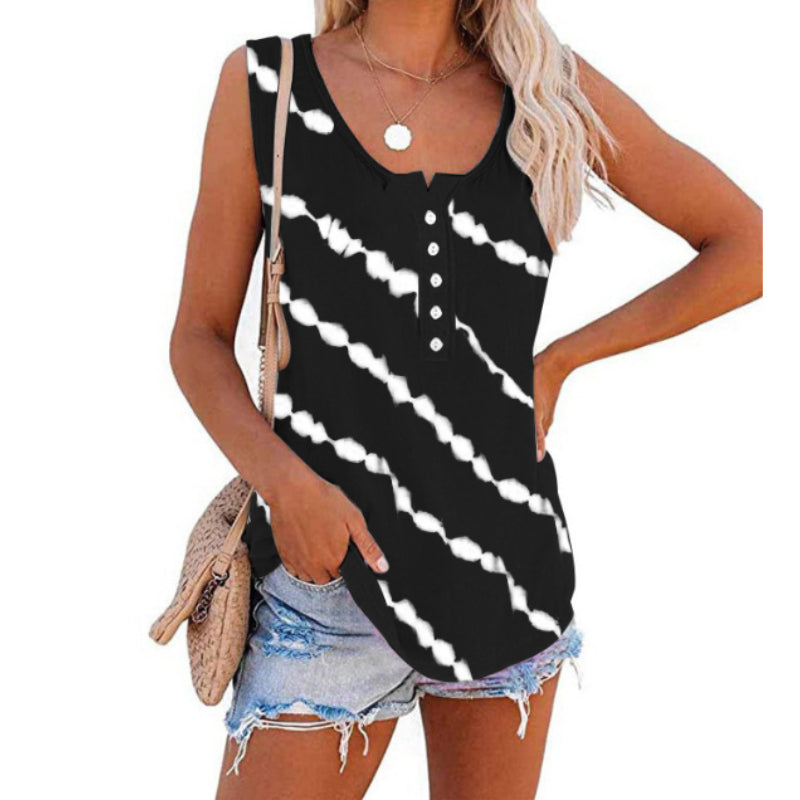 Women's Diagonal Stripe Button Crew Neck Tank Top
