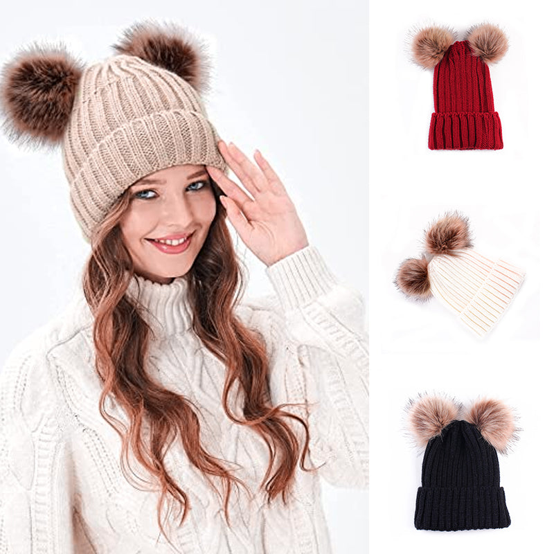 Winter Knitted Hat With Double Pompom Ears