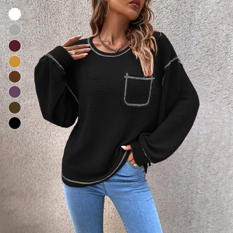 Top-stitching Drop Shoulder Pocket Patched Sweater