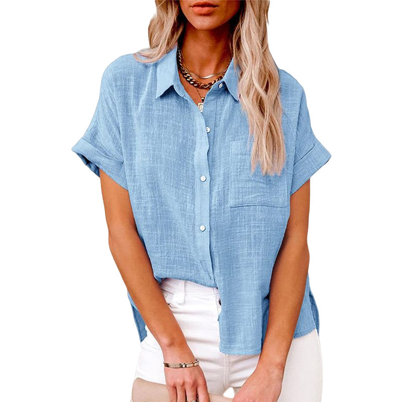 Women's Solid Color Pocket Short Sleeve Cotton Linen Shirt